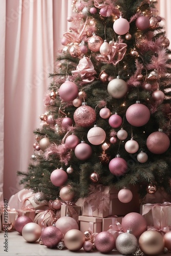 Christmas tree adorned with pink ornaments  pastel gold  and gifts