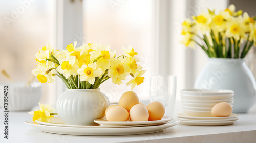 Spring holiday composition for Easter, Bright yellow daffodils with painted eggs on white kitchen table, bright daylight