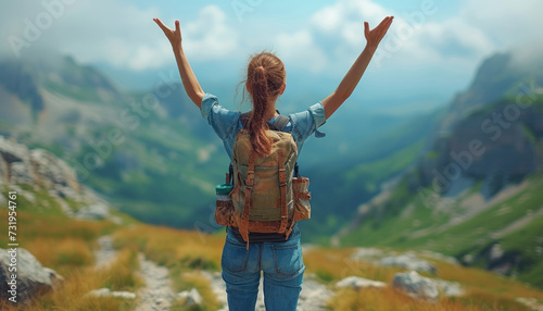 girl hiking mountains and celebrating successful ascent raising hands,generative ai