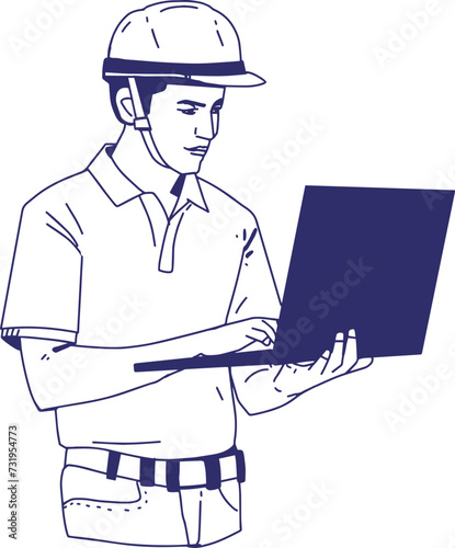 The businessman is holding a phone and laptop. Buildings and cranes are in the background. Real estate development. Vector Illustration in white background. 