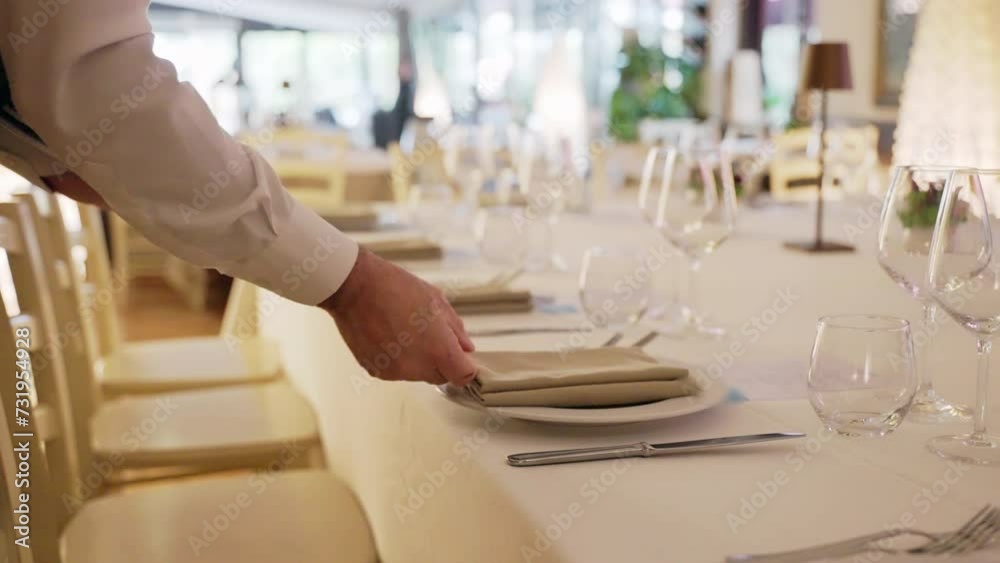 Waiter in uniform setting table in luxury restaurant for celebration party, crystal goblets, napkin, white classic plates and silver cutlery for guests, festive table arrangement and banquet table