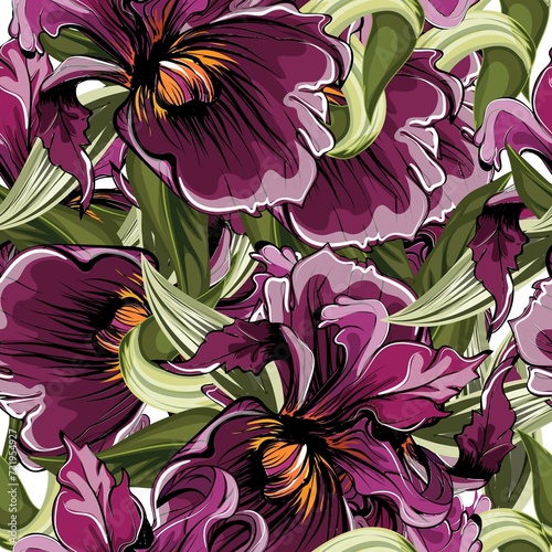 Summer seamless pattern with dark pink  iris