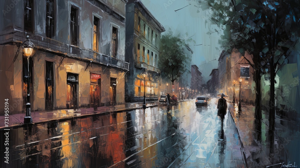 A evening streetscape in the rain. Oil painting. 
