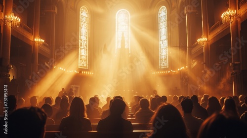 Capturing divine moments: church worship concept Christians, raised hands, earnestly pray and worship to cross in the sacred ambiance of a church building, expressing faith and spiritual connection. photo