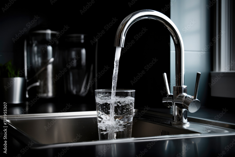 Clean tap, water. Kitchen tap, filling glass of water, illustrating the need fora clean, drinkable water supply Clean tap, water. Kitchen tap, filling glass of water, illustrating the need fora clean, drinkable water supply