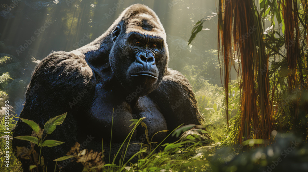 Majestic silverback gorilla in its natural habitat. With a commanding presence and formidable stare, it epitomizes strength and leadership. Emotion: impressive, strong. 