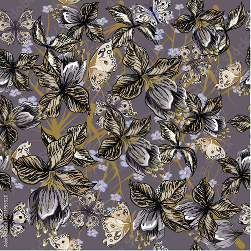 Seamless floral tropical  pattern  with  blue exotic flowers  on grey