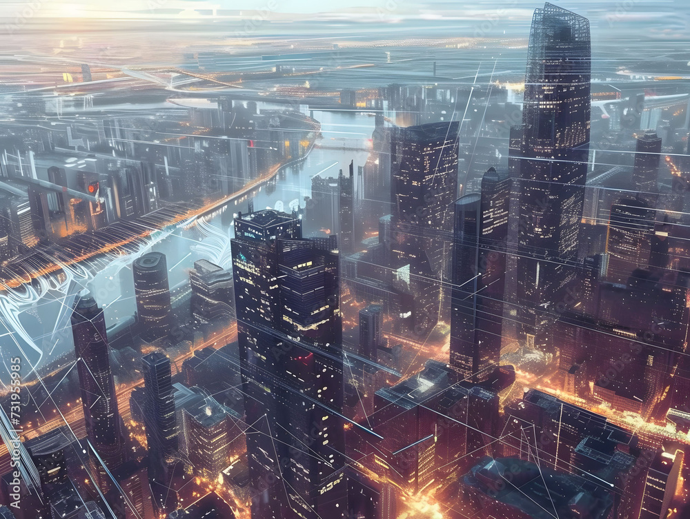 Naklejka premium cityscape of architecture at night, in the style of future tech, dark cyan and ambe