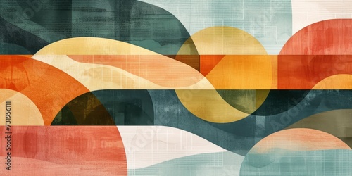 Geometric Wall Art with Abstract Shapes, Warm Color Palette, Wavy Lines, and Organic Shapes, Evoking a Vintage Feel