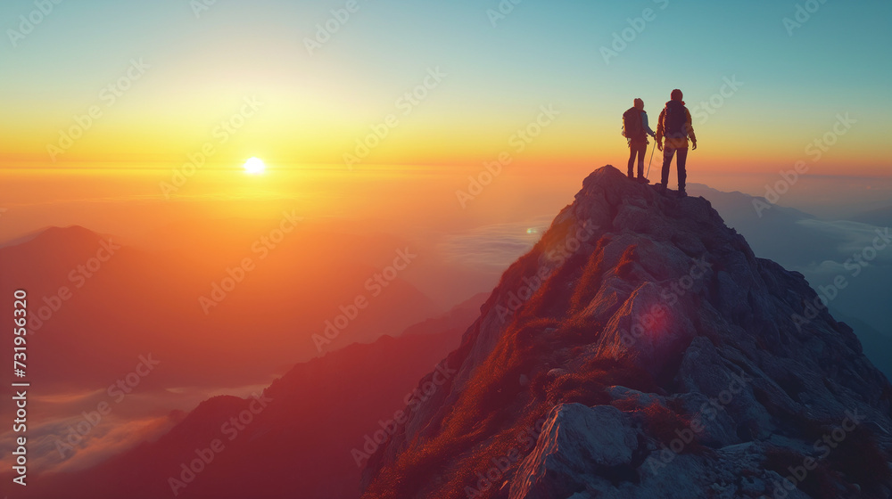 Silhouette of Two Climbers Helping Each Other on Mountain Peak at Sunrise. Adventure and Teamwork Concept