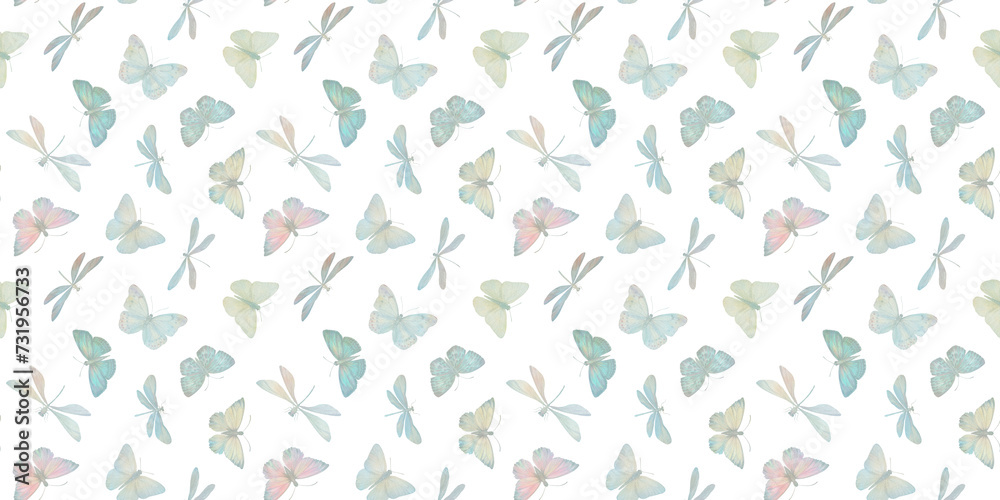 repeating ornament, seamless pattern of dragonflies and butterflies, endless watercolor illustration, hand drawn. Design of fabrics, wrapping paper, kitchen textiles, packaging.
