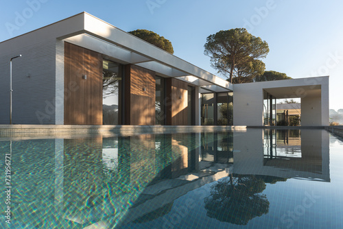 Modern white and wood luxury house with pool and pine trees outside