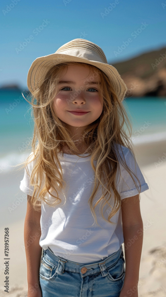 Little Caucasian girl on background of sandy beach of sea. Little Caucasian girl on background of sandy beach of sea.