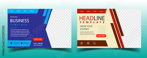 Social media business post template. Modern banner design with blue and red color decoration and place for the photo. Suitable for social media, websites, flyers, and banners.