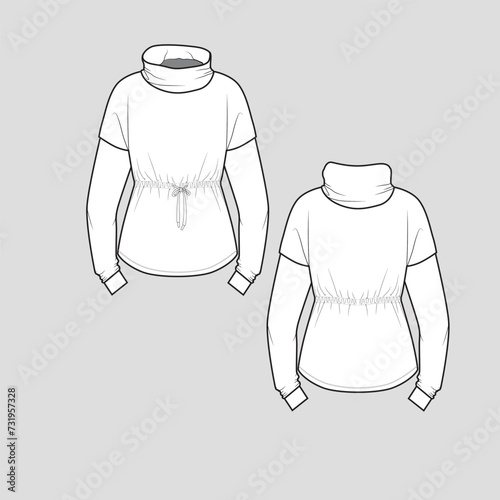 High Neck Knotted Sweat shirt  waist tunnel draw string gathering knot tie drop shoulder turtle neck Long Sleeve  fashion oversized t shirt top blouse  Flat Sketch technical drawing template design ve