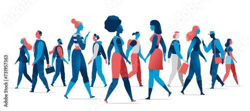 A crowd of walking cartoon characters. Men and women on the streets. Vector set