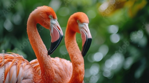 Two flamingos standing next to each other with their heads turned, AI