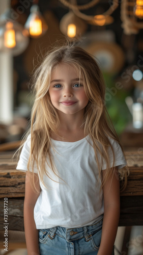 Caucasian girl in white t-shirt and jeans sitting at table at modern cafe.