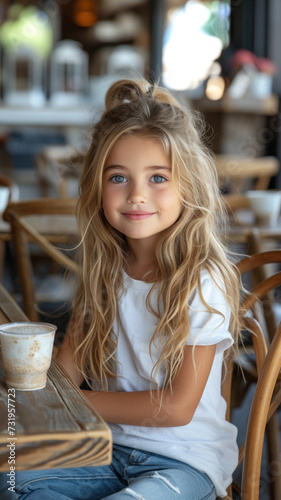 Caucasian girl in white t-shirt and jeans sitting at table at modern cafe.