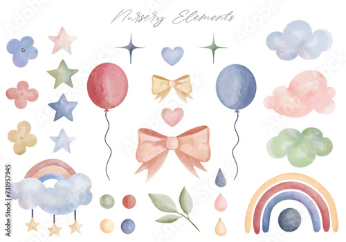 Set of watercolor nursery elements. Rainbow clouds hearts ballons. Fantasy pastel color. Vector illustration