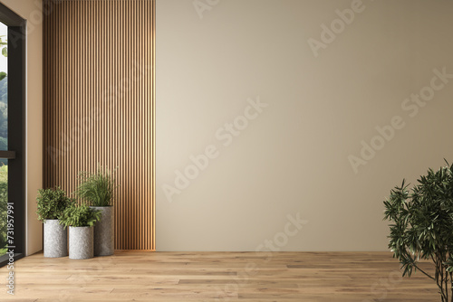 Modern empty room with open door to garden 3d render. The Room. have concrete and wooden plank wall, parquet floor, plants, panoramic window.