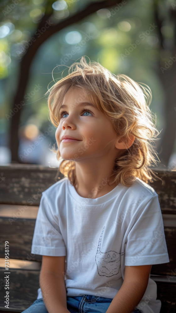 Caucasian boy sitting on bench on background of green summer city park. Caucasian boy sitting on bench on background of green summer city park.