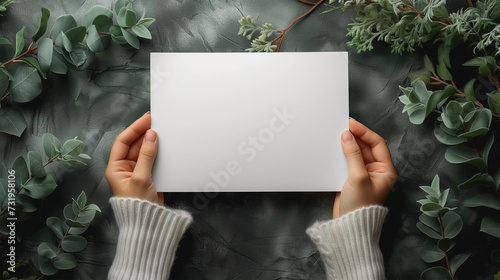 Hands holding blank paper - mockup (ID: 731958106)
