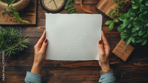 Hands holding blank paper - mockup (ID: 731958162)