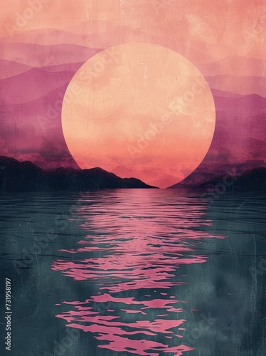 Minimalistic Geometric Drawing with Pink and Purple Colors of Sun, Sea, and Ocean, Dark Teal and Light Orange for Colorful Landscapes
