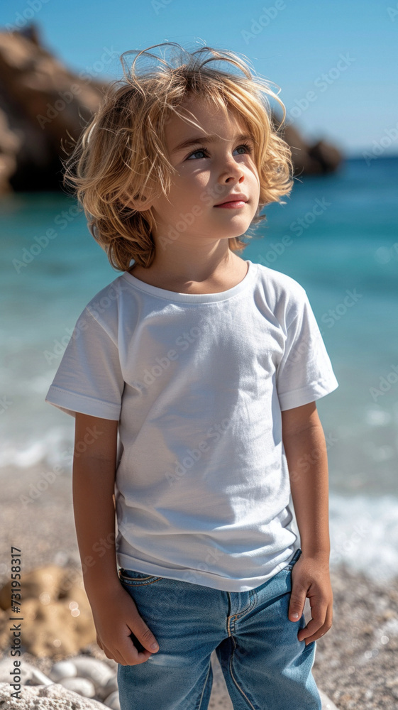 Caucasian boy in white t-shirt and jeans on background of sandy beach of the sea. Caucasian boy in white t-shirt and jeans on background of sandy beach of the sea.