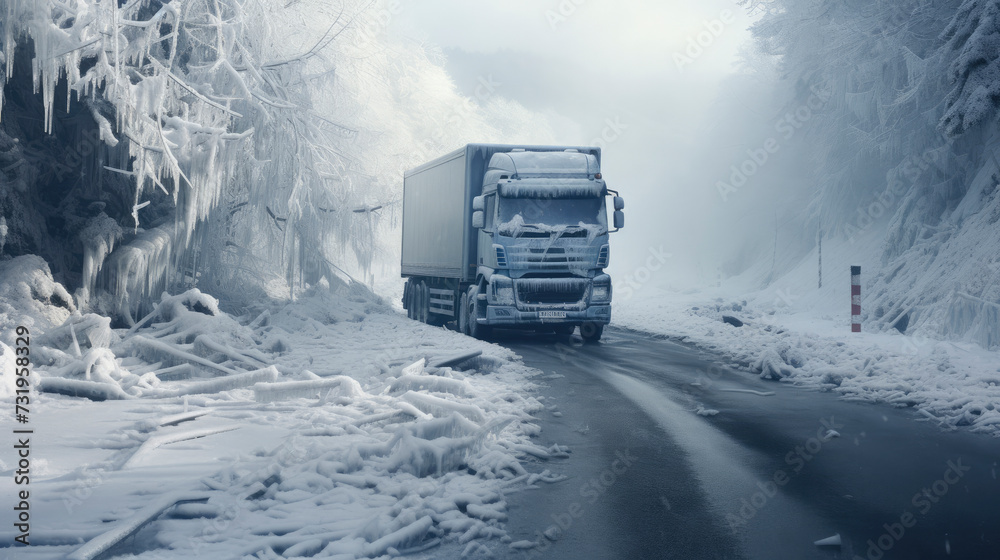 Large truck, travelling through, icy winter roads with snow and ice
