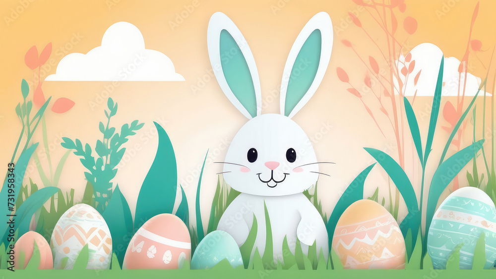 Obraz premium Illustration on a glade with spring flowers and greenery painted eggs of different sizes, white Easter bunny. Advertising banner concept, invitations for Mother's Day, Valentine's Day, Wedding Day