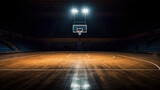 Dark moody, basketball court, with distant hoop and spotlights