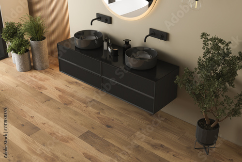 Top view of modern minimalist bathroom interior,black bathroom cabinet, white sink, wooden vanity, interior plants, bathroom accessories, white bathtub, wooden wall, parquet flooring.