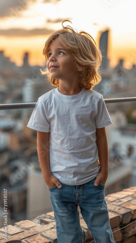 Caucasian boy in white t-shirt and jeans on background of summer urban city.