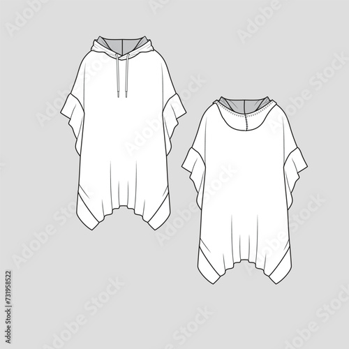 Hoodie Sweatshirt Oversized Mini Dress Ruffles hem Drop Shoulder ruffles sleeve blouse cad drawing sketch template fashion design