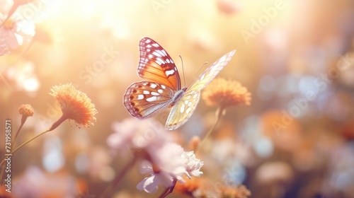 Beautiful flowers with butterfly. Fantastic summer spring natural concept with smooth bokeh sun light background