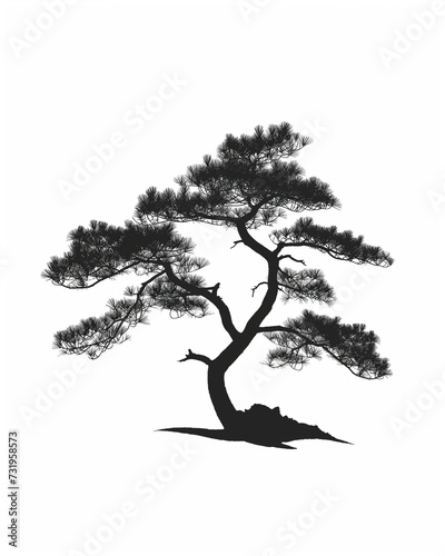 Silhouette of a Korean Pine Tree, Isolated on a White Background. A Distinctive and Elegant Image, Ideal for Various Design Applications