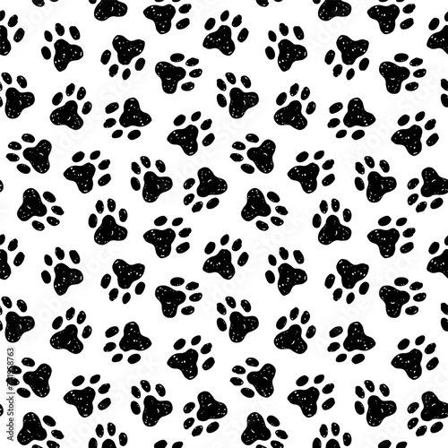 Animal paw seamless pattern. Cat, dog footprint repeat pattern with texture in black and white. Hand drawn paw print background.