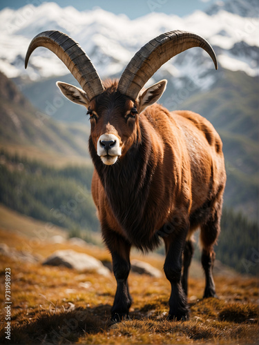 A ram with big horns in the mountains, wildlife in its natural habitat.