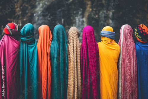 A group of women wearing traditional garments on their heads.