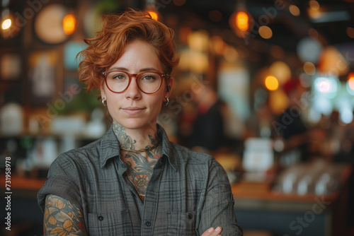 Portrait of a female student with tattoos working in a cafe
