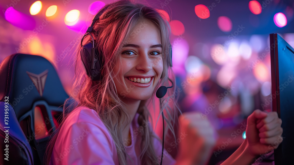 A female esports gamer sitting at a computer desk in an esports arena, generative ai A female esports gamer sitting at a computer desk in an esports arena, generative ai