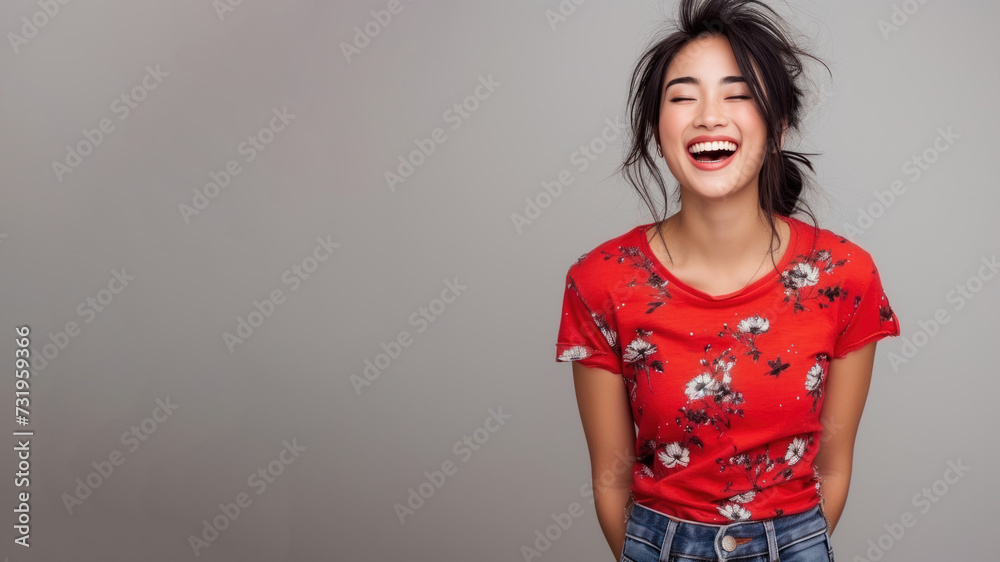 Asian woman wear red t-shirt smile laugh out loud isolated Asian woman wear red t-shirt smile laugh out loud isolated