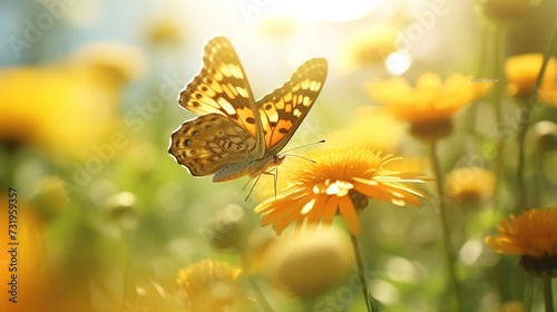 Beautiful flowers with butterfly. Fantastic summer spring natural concept with smooth bokeh sun light background