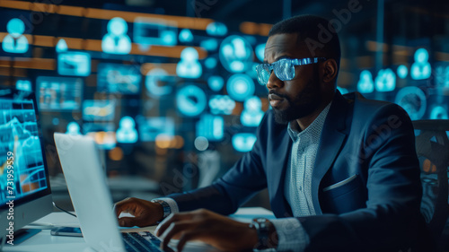 A handsome short black american project manager working on a computer in the office Augmented Reality social media icons appear on employees' laptops,generative ai