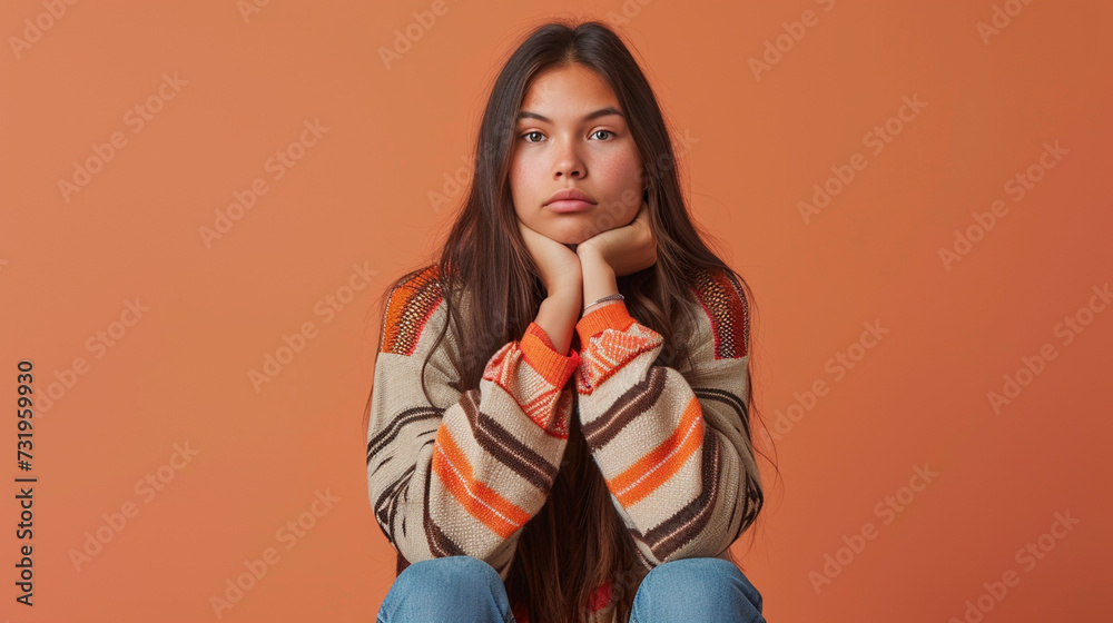 Fear's Embrace: Native American Woman Reflecting Fear and Anxiety, Isolated Against Solid Background with Copy Space Fear's Embrace: Native American Woman Reflecting Fear and Anxiety, Isolated Against Solid Background with Copy Space