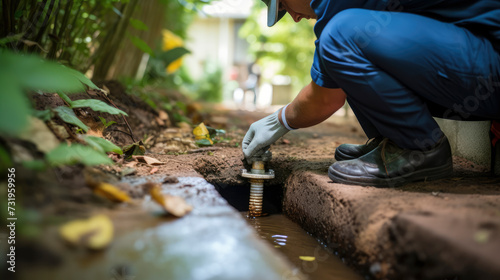 Low angle view of man, clearing drains