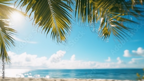 Beautiful tropical beach with green palm leaf  clouds on a sunny day.
