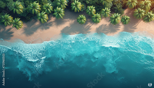 Aerial drone view of tropical beach with palm trees and clear turquoise ocean,generative ai © Krisana